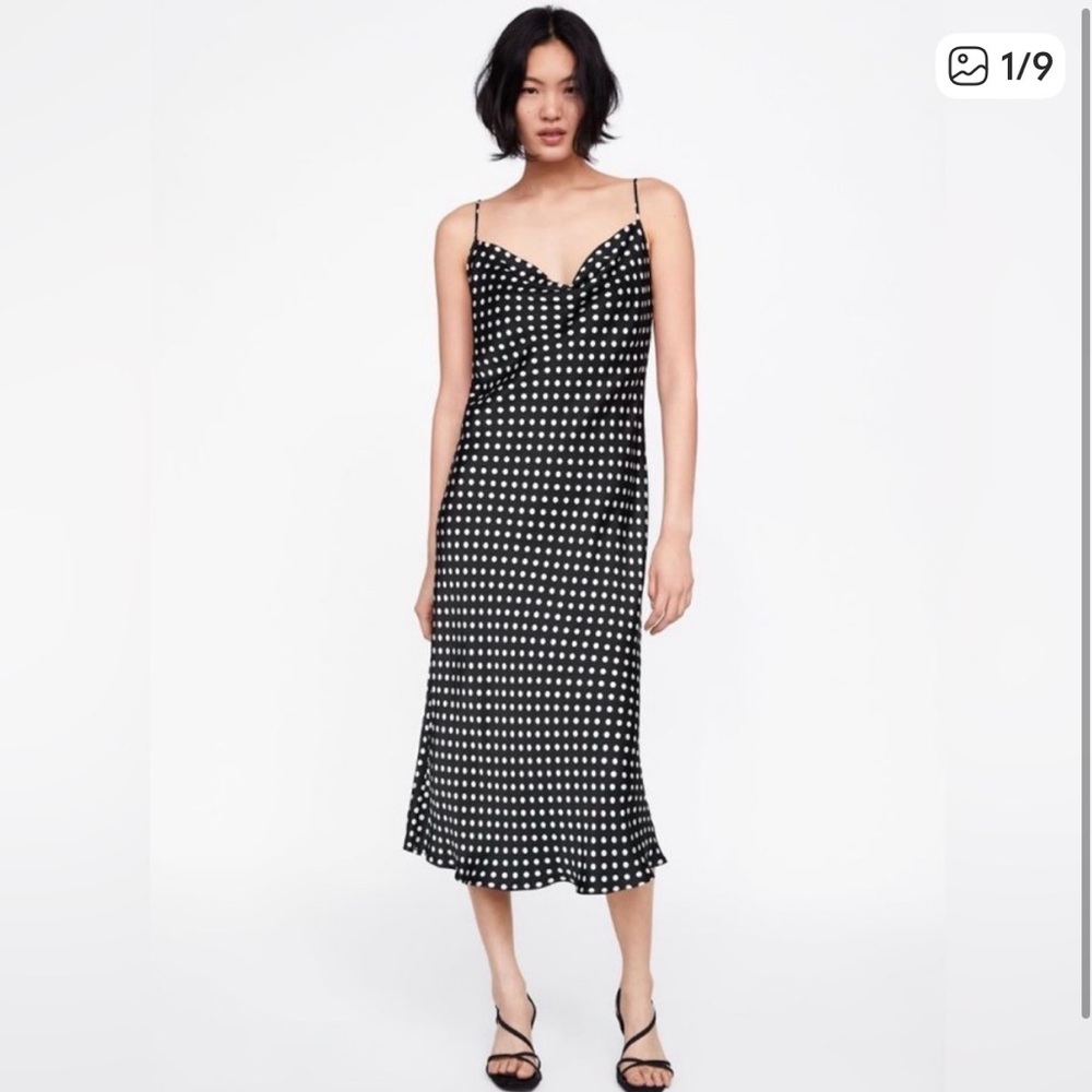 Zara Black and White Polka Dot Midi Slip Dress